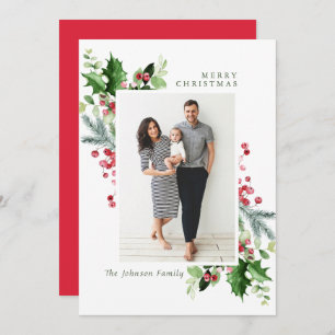 Watercolor Mistletoe Holly Berry Christmas PHOTO Holiday Card