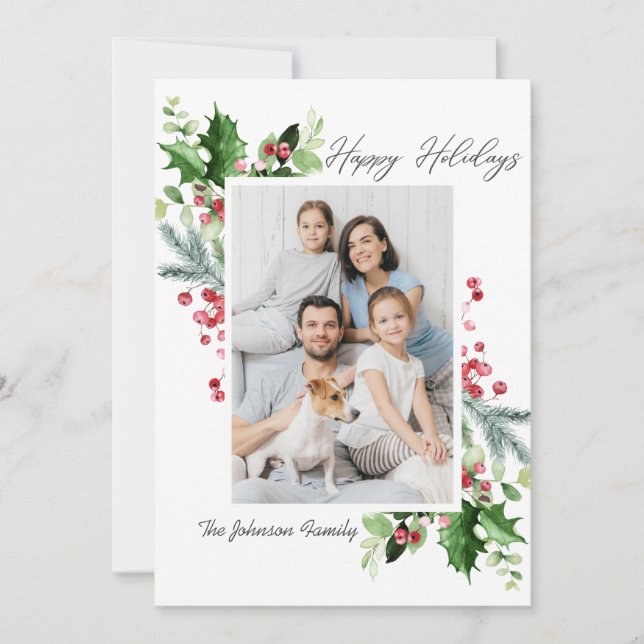 Watercolor Mistletoe Holly Berry Christmas PHOTO Holiday Card (Front)