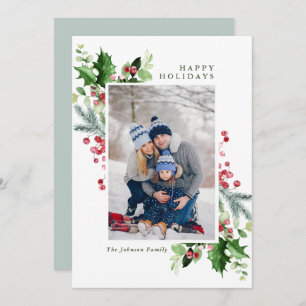 Watercolor Mistletoe Holly Berry Christmas PHOTO Holiday Card