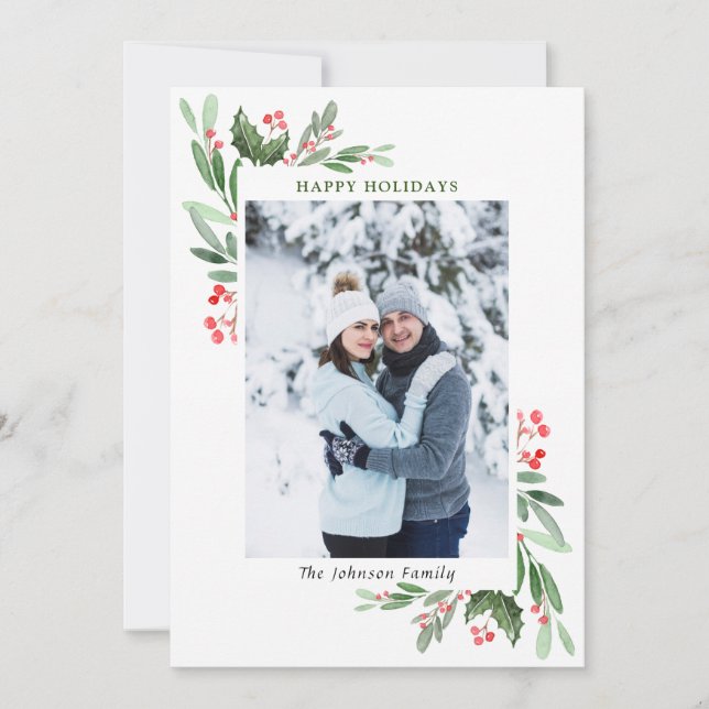 Watercolor Mistletoe Holly Berry Christmas PHOTO Holiday Card (Front)