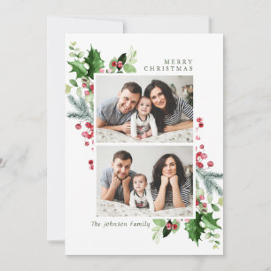 Watercolor Mistletoe Holly Berry Christmas PHOTO Holiday Card