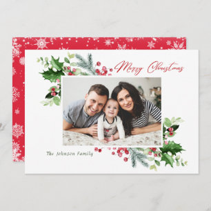 Watercolor Mistletoe Holly Berry Christmas PHOTO Holiday Card