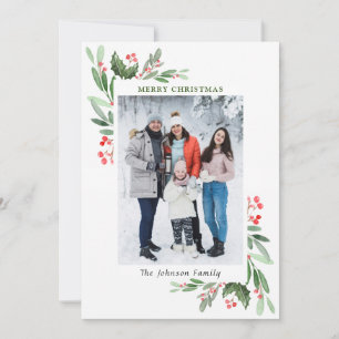 Watercolor Mistletoe Holly Berry Christmas PHOTO Holiday Card