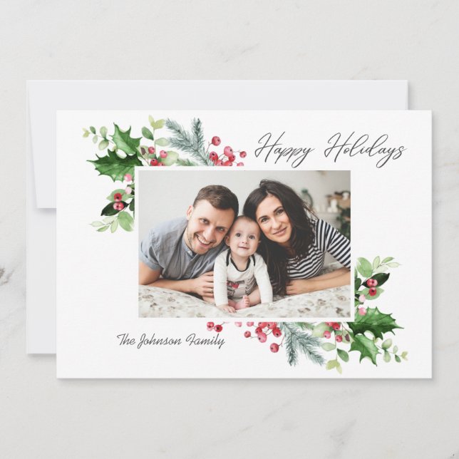 Watercolor Mistletoe Holly Berry Christmas PHOTO Holiday Card (Front)
