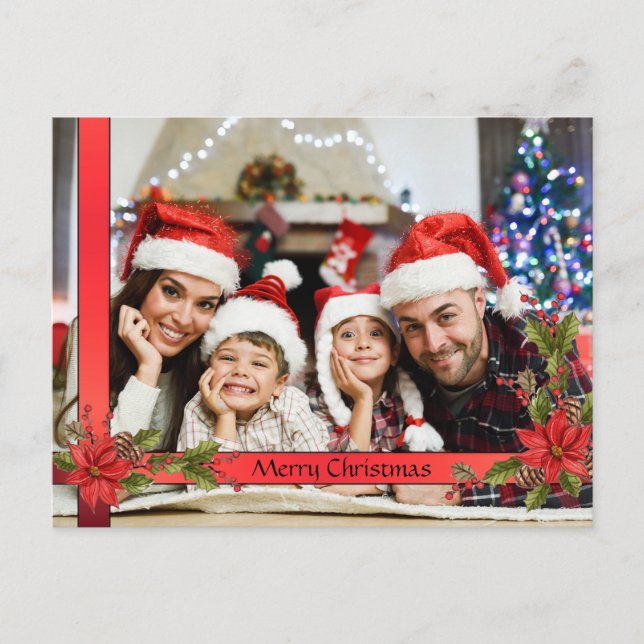 Watercolor Mistletoe Red Ribbon Frame Photo Holiday Postcard (Front)