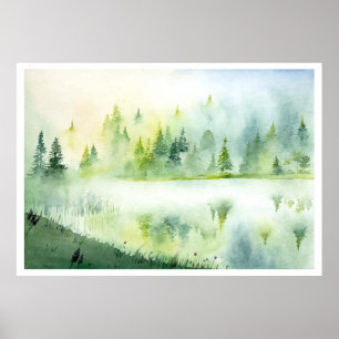 Watercolor misty lake poster