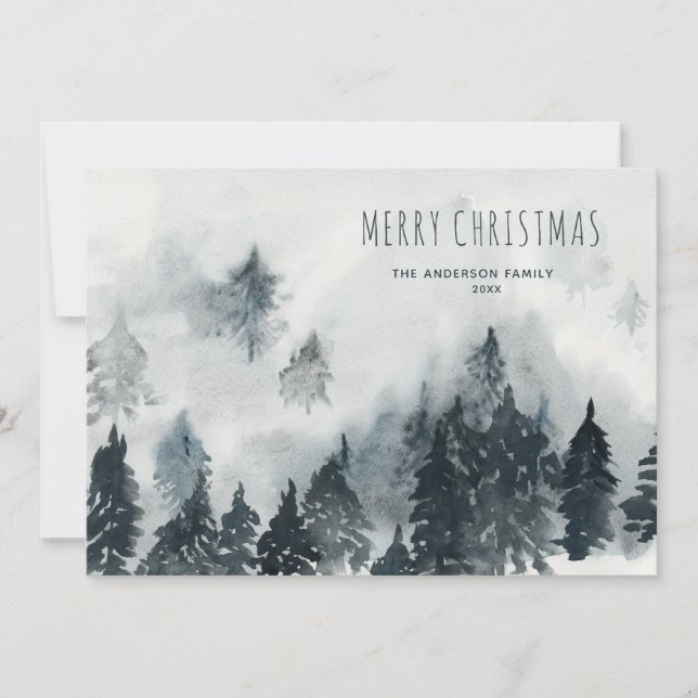 Watercolor Misty Mountain Pines Snowy Holiday Card (Front)