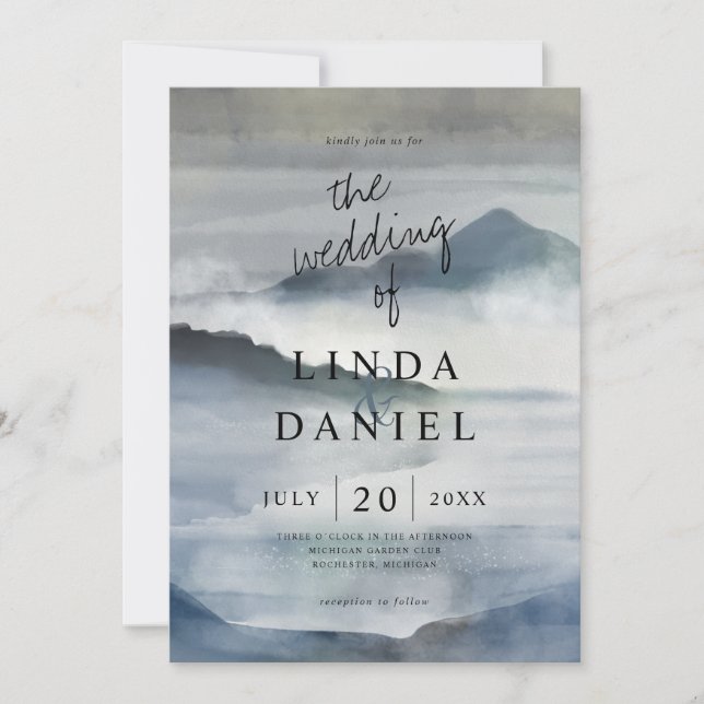 Watercolor Misty mountains indigo blue wedding Invitation (Front)