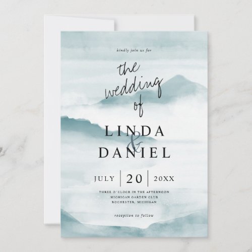 Watercolor Misty teal mountains wedding invite