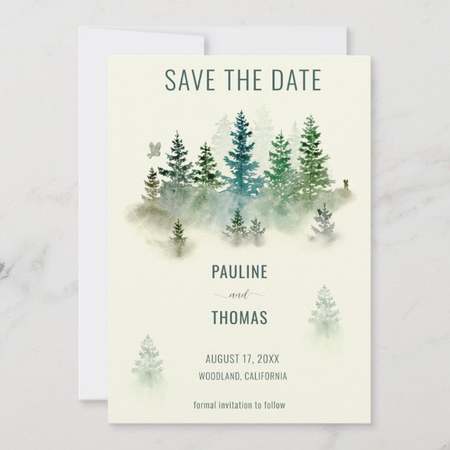 Watercolor Misty Woodland Rustic Wedding Save The Date (Front)