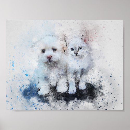 Watercolor Mix Media Kitten  Puppy Buddies Poster