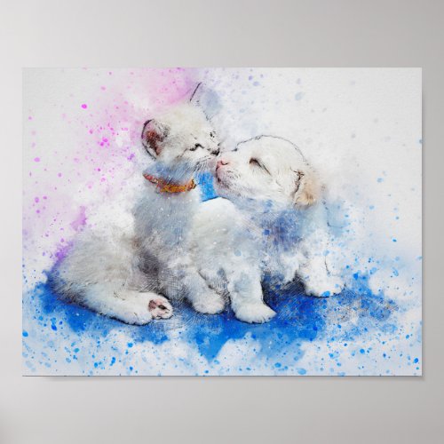 Watercolor Mix Media Kitten  Puppy Kisses Poster