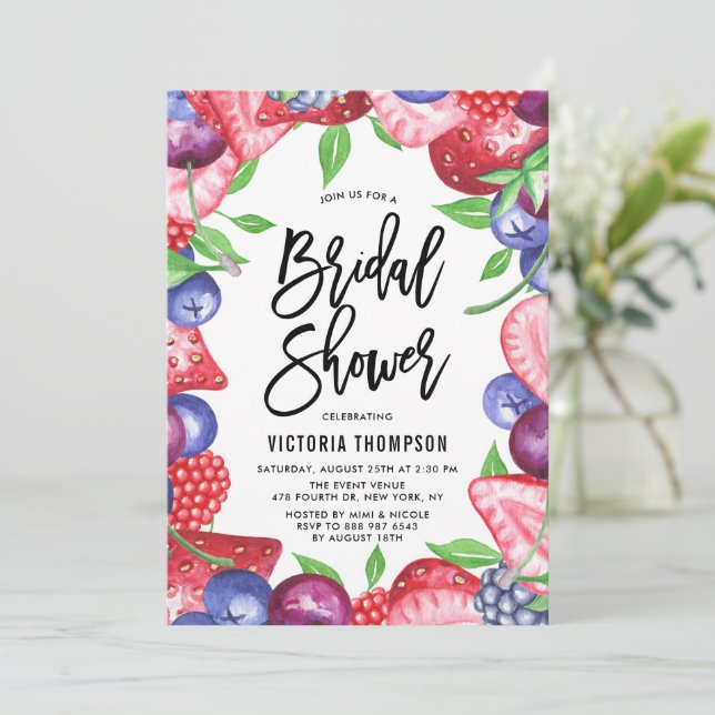 Watercolor Mixed Berries Summer Bridal Shower Invitation (Standing Front)