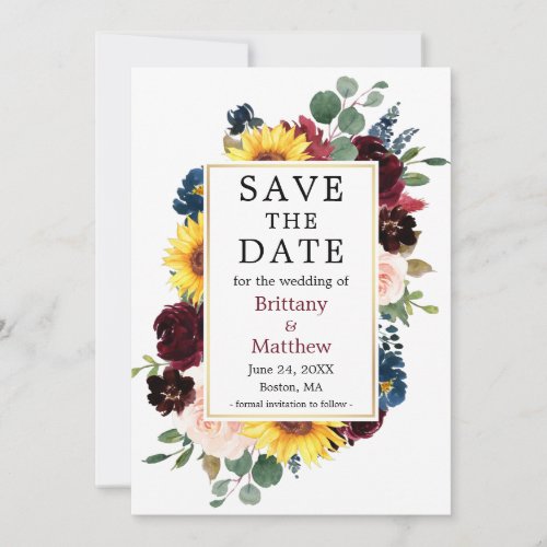 Watercolor Mixed Burgundy Floral Gold Frame Save The Date