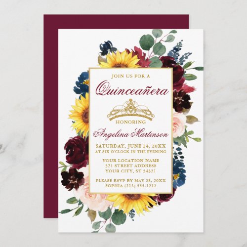 Watercolor Mixed Burgundy Floral Gold Quinceanera Invitation