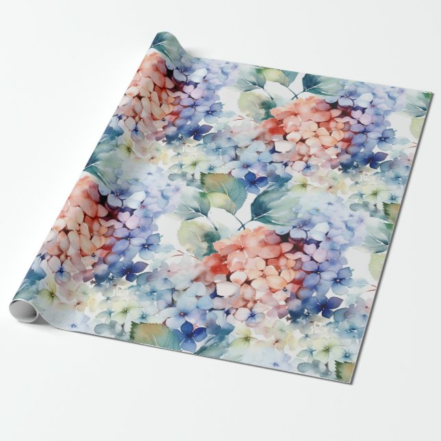 Watercolor Mixed Color Hydrangea Flowers  Wrapping Paper (Unrolled)