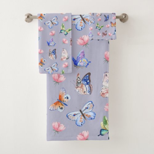 Watercolor Mixed Colorful Butterflies and Flowers Bath Towel Set