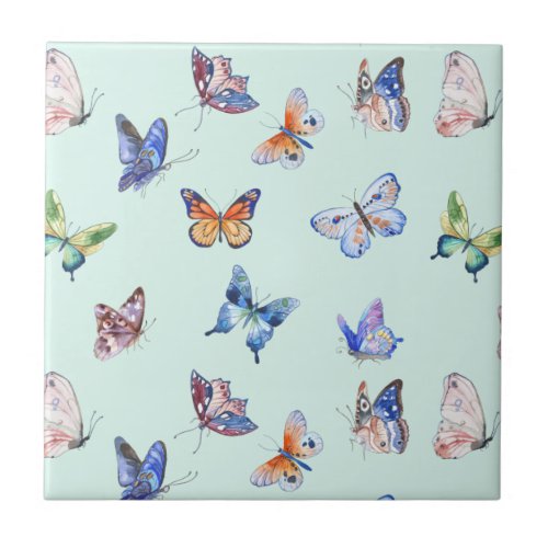 Watercolor Mixed Colorful Butterflies Ceramic Tile