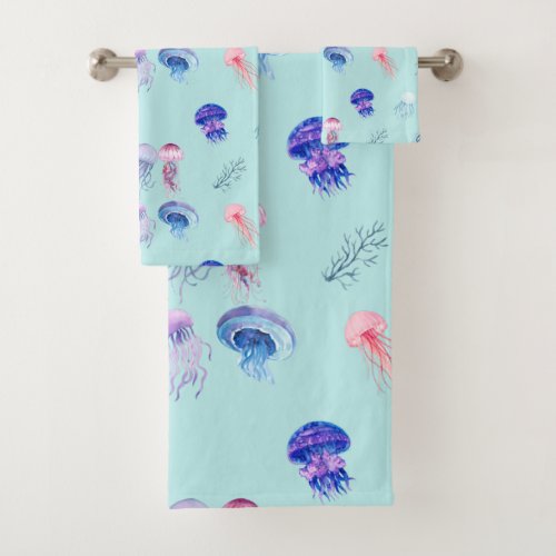 Watercolor Mixed Colorful Jellyfish Blue Bath Towel Set