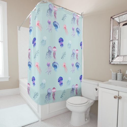 Watercolor Mixed Colorful Jellyfish Blue Shower Curtain