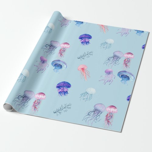 Watercolor Mixed Colorful Jellyfish Blue Wrapping Paper