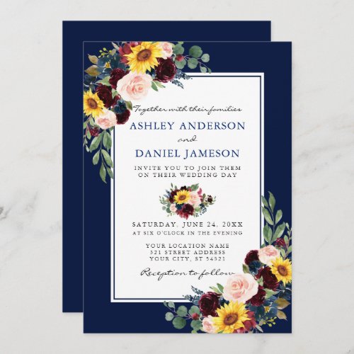 Watercolor Mixed Floral Blue Frame Wedding Invitation