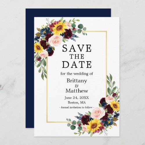 Watercolor Mixed Floral Blue Gold Elegant Save The Date