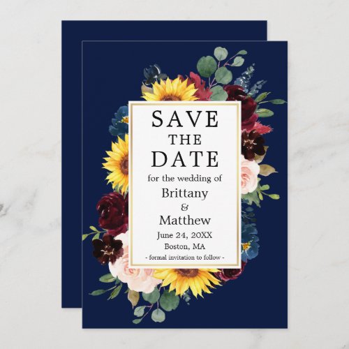 Watercolor Mixed Floral Blue Gold Frame Save The Date