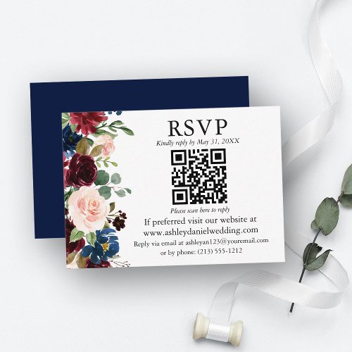 Watercolor Mixed Floral Blue QR RSVP Wedding Enclosure Card