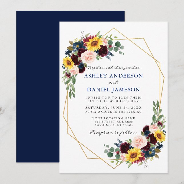 Watercolor Mixed Floral Blue Wedding Geometric Invitation (Front/Back)