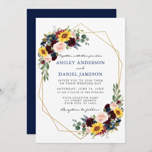 Watercolor Mixed Floral Blue Wedding Geometric Invitation