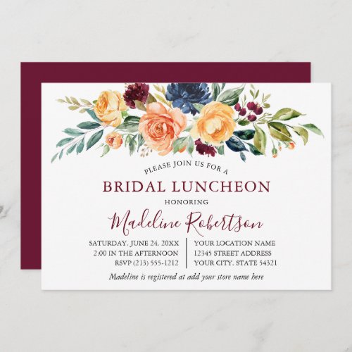 Watercolor Mixed Floral Bridal Lunch Burgundy Invitation