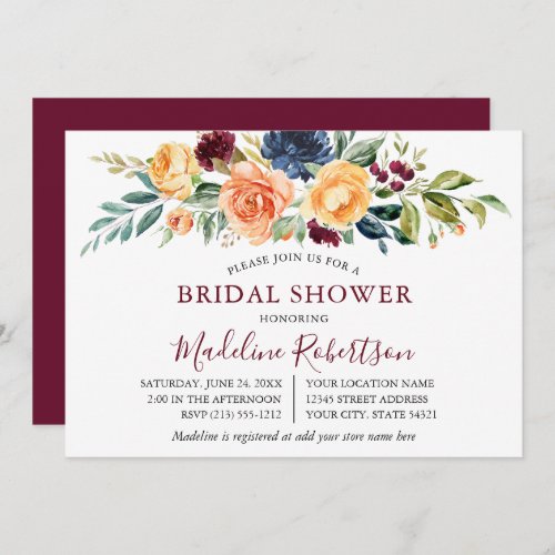 Watercolor Mixed Floral Bridal Shower Burgundy Invitation