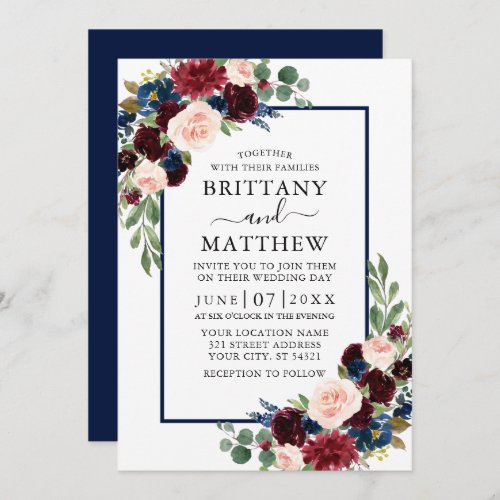 Watercolor  Mixed Floral Burgundy Blue Wedding Invitation