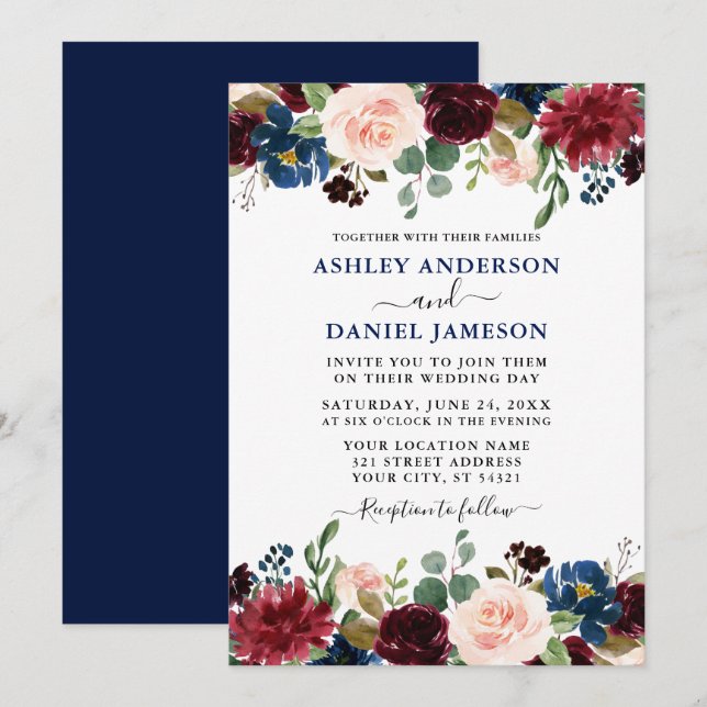 Watercolor Mixed Floral Burgundy Blue Wedding Invitation (Front/Back)