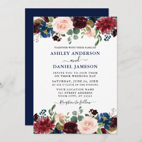 Watercolor Mixed Floral Burgundy Blue Wedding Invitation