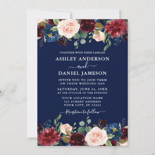 Watercolor Mixed Floral Burgundy Blue Wedding Invitation