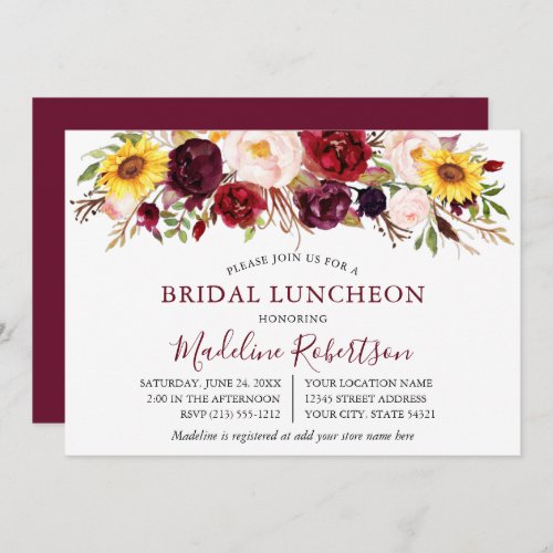 Watercolor Mixed Floral Burgundy Bridal Luncheon Invitation