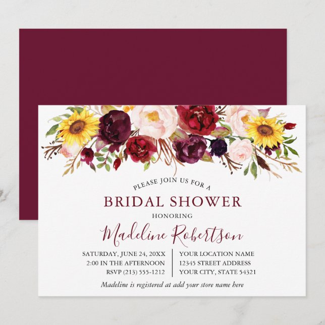 Watercolor Mixed Floral Burgundy Bridal Shower Invitation (Front/Back)