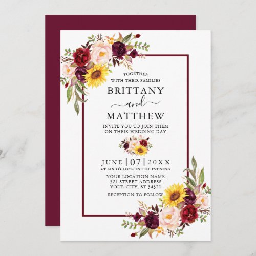 Watercolor Mixed Floral Burgundy Frame Wedding Invitation