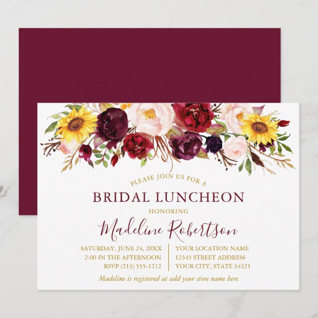 Watercolor Mixed Floral Burgundy Gold Bridal Lunch Invitation (Front/Back)