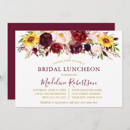 Watercolor Mixed Floral Burgundy Gold Bridal Lunch Invitation