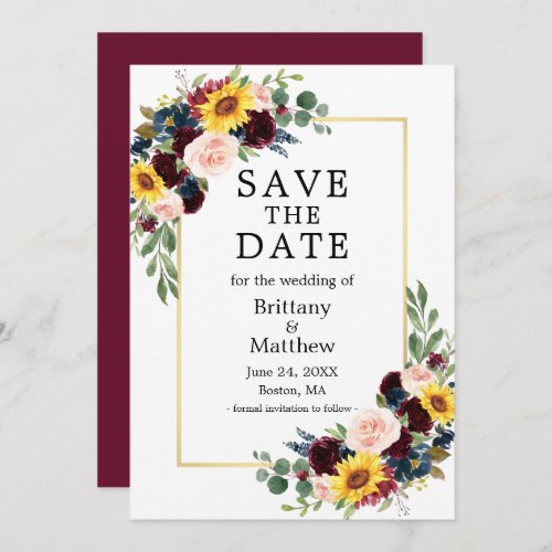 Watercolor Mixed Floral Burgundy Gold Elegant Save The Date