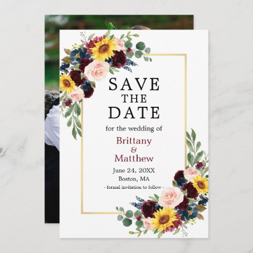 Watercolor Mixed Floral Burgundy Gold Photo Save The Date