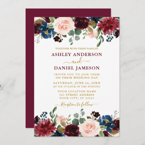 Watercolor Mixed Floral Burgundy Gold Wedding Invitation