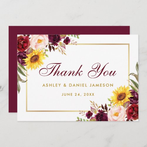 Watercolor Mixed Floral Burgundy Gold Wedding  Thank You Card