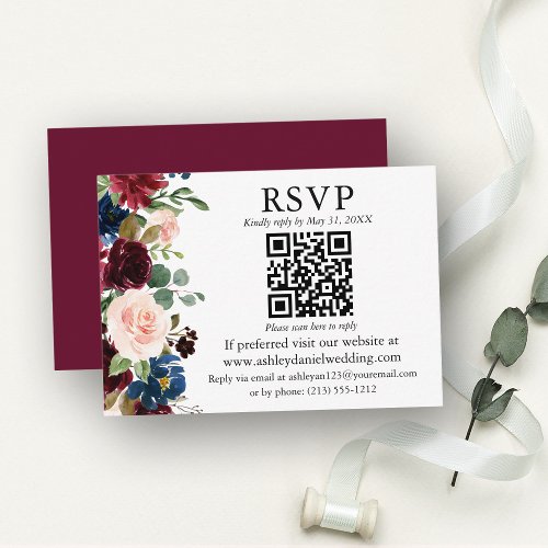 Watercolor Mixed Floral Burgundy QR RSVP Wedding Enclosure Card
