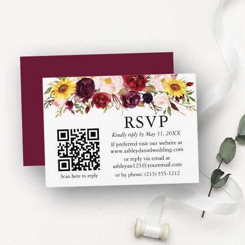 Watercolor Mixed Floral Burgundy QR Wedding RSVP Enclosure Card