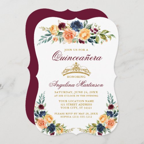 Watercolor Mixed Floral Burgundy Quinceanera Invitation