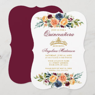 Watercolor Mixed Floral Burgundy Quinceanera Invitation